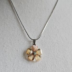 Flower Pendant Necklace Yellow & Pink Toned Petals And Sparkling Center Costume